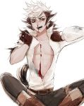  1boy animal_ears black_hair blood boots fire_emblem fire_emblem_if flannel_(fire_emblem_if) gloves highres long_hair multicolored_hair nosebleed open_mouth red_eyes scar simple_background sinnygoto sitting solo tail two-tone_hair white_background white_hair wolf_ears wolf_tail 