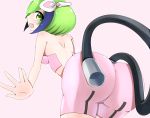  1girl android ass bare_arms bare_shoulders bent_over bike_shorts blue_hair blush bra breasts dimension_w green_eyes green_hair headgear horoooo huge_ass leaning leaning_forward looking_at_viewer looking_back multicolored_hair open_mouth shiny shiny_clothes shiny_hair shiny_skin short_hair solo streaked_hair tail underwear yurizaki_mira 