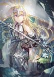  1girl armor armored_boots avamone bare_shoulders belt boots chain fate/apocrypha fate_(series) feathers gauntlets highres long_hair looking_up ruler_(fate/apocrypha) sitting solo standard_bearer thigh-highs very_long_hair violet_eyes water weapon wet 