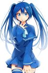  1girl blue_eyes blue_hair blush imaichi_moenai_ko kobe_shinbun long_hair school_uniform skirt solo tarachine thigh-highs twintails zettai_ryouiki 