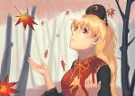  1girl autumn_leaves blonde_hair chinese_clothes crescent_moon dress hat junko_(touhou) kujou_natsume long_hair long_sleeves looking_up moon open_hands parted_lips red_eyes ribbon touhou 