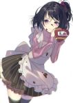  1girl apron black_hair blush chocolate chocolate_on_face food food_on_face natasha_(pommier) original ribbed_sweater short_hair side_ponytail sketch solo sweater valentine violet_eyes 