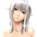  artist_request bare_shoulders collarbone elf head_tilt highres looking_at_viewer parted_lips pointy_ears silver_hair simple_background white_background yellow_eyes 