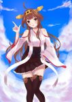  1girl ahoge bare_shoulders boots brown_hair clouds detached_sleeves double_bun hairband hand_on_hip harami headgear highres japanese_clothes kantai_collection kongou_(kantai_collection) long_hair nontraditional_miko ribbon-trimmed_sleeves ribbon_trim sky solo thigh-highs thigh_boots 