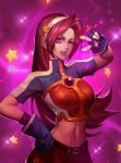  1girl asamiya_athena fingerless_gloves fingernails gloves hair_ornament hairband heart highres jewelry long_hair navel one_eye_closed pink_eyes pink_hair skirt smile snk solo star star_hair_ornament the_king_of_fighters xiaoguimist 