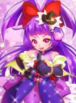  1girl black_gloves black_hat bow capelet cowboy_shot cure_magical elbow_gloves gloves hair_bow hand_on_hip hat highres izayoi_liko long_hair looking_at_viewer magical_girl mahou_girls_precure! mini_hat mini_witch_hat pointing precure purple purple_background purple_hair purple_skirt red_bow skirt smile solo violet_eyes witch_hat yupiteru 