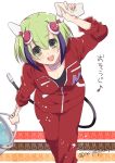  1girl android blush bucket bucket_of_water dimension_w dustcloth green_eyes green_hair happy headgear leaning_forward looking_at_viewer miyamoto_yuu multicolored_hair open_mouth short_hair solo streaked_hair tail track_suit translated twitter_username two-tone_hair yurizaki_mira 