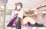  1girl black_hair boots bow brown_eyes classroom cross-laced_footwear hair_bow japanese_clothes kimono lace-up_boots long_hair mibu_natsuki solo 