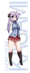  1girl :d blue_eyes blush character_name copyright_name employee_uniform hand_on_hip hiiragi_kagami lavender_hair long_hair looking_at_viewer lucky_star mizushima_(p201112) open_mouth pleated_skirt red_skirt skirt smile socks solo twintails uniform white_background 