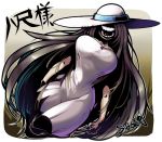  1girl 2ch artist_name breasts brown_hair character_name hasshaku-sama hat hat_over_eyes large_breasts long_hair open_mouth sido_(slipknot) solo sun_hat teeth very_long_hair 