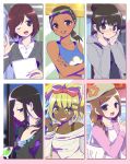  6+girls bag black_hair blonde_hair blush bob_cut bow brown_hair character_request crossed_arms dark_skin glass glasses grin hair_bow hair_bun hands_on_own_face hat hood hoodie kurot long_hair looking_at_viewer midriff multiple_girls one_eye_closed open_mouth osomatsu-san short_hair smile sunglasses v yellow_eyes 