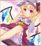  1girl ascot blonde_hair bloomers dress flandre_scarlet graphite_(medium) hat kittona looking_at_viewer millipen_(medium) mob_cap puffy_short_sleeves puffy_sleeves red_dress red_eyes shirt short_sleeves sitting smile solo touhou traditional_media underwear upskirt watercolor_pencil_(medium) wings 