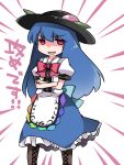  1girl blue_hair boots bow cross-laced_footwear crossed_arms food fruit hammer_(sunset_beach) hat hinanawi_tenshi looking_at_viewer open_mouth peach pink_eyes skir smile sneer solo touhou translation_request 