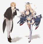  1boy 1girl :d amattakana america_(hetalia) axis_powers_hetalia bangs belt blonde_hair blue_eyes boots breasts cannon cleavage closed_mouth collared_shirt crossover detached_sleeves dress_shirt eyebrows eyebrows_visible_through_hair fingerless_gloves front-tie_top full_body garter_straps glasses gloves grey_eyes headgear holding_hands iowa_(kantai_collection) kantai_collection large_breasts leaning_forward long_hair long_sleeves looking_at_another miniskirt mismatched_legwear navel open_mouth outstretched_arm pants parted_bangs shadow shirt shoes sketch skirt sleeveless smile sparkle standing striped striped_legwear swept_bangs symbol-shaped_pupils tailcoat thigh-highs turret vertical-striped_legwear vertical_stripes 