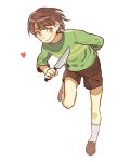  androgynous arm_behind_back brown_hair cdov34 chara_(undertale) heart knife red_eyes shirt shorts simple_background smile spoilers standing_on_one_leg striped striped_shirt undertale white_background 