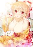  1girl :p blonde_hair blush breasts cafe-chan_to_break_time cleavage floral_print flower hair_flower hair_ornament large_breasts long_hair looking_at_viewer original paw_pose porurin_(do-desho) red_eyes smile solo tongue tongue_out 
