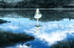  1girl closed_eyes clouds dress dress_lift fog forest glowing grass kazami_(kuroro) lake light_particles nature original pale_skin reflection scenery short_hair sky solo standing standing_on_liquid tree water white_dress 