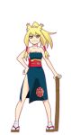  1girl animal_ears blonde_hair fox_ears japanese_clothes long_hair mizukami_satoshi obi orange_eyes ponytail sandals sash sengoku_youko tama_youko 