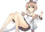  1girl bare_shoulders blanc blue_eyes blush brown_hair fur_trim hat looking_at_viewer neptune_(series) short_hair sitting solo 