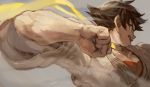  1girl brown_eyes brown_hair burari choker clenched_hand commentary_request dougi fighting_stance foreshortening glaring headband makoto_(street_fighter) muscle ribbon_choker scarf short_hair street_fighter tomboy 