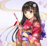  1girl black_hair flower hair_flower hair_ornament japanese_clothes kimono kobapyon long_hair looking_at_viewer original solo violet_eyes 