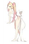  1girl animal_ears arm_support bare_arms bare_legs bare_shoulders barefoot blonde_hair bow brown_eyes cat_ears dress expressionless fake_animal_ears from_side full_body gradient_hair hairband head_tilt leaning_forward legs long_hair looking_at_viewer looking_to_the_side lp_(hamasa00) multicolored_hair original pink_hair ponytail simple_background solo standing thighs toes very_long_hair white_background white_bow white_dress 