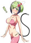  ! 1girl alternate_breast_size android bare_shoulders bike_shorts blush breasts collar dimension_w green_eyes green_hair headgear itawa_sa large_breasts looking_at_viewer multicolored_hair navel open_mouth shiny shiny_skin short_hair simple_background solo streaked_hair tail two-tone_hair white_background yurizaki_mira 