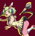  1girl android arm_garter ass bike_shorts boots dimension_w dress green_eyes green_hair headgear multicolored_hair open_mouth pink_shorts short_hair solo streaked_hair sweat tail thigh-highs two-tone_hair uganda white_boots white_legwear yurizaki_mira 