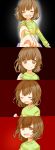  ^_^ androgynous black_background brown_eyes brown_hair chara_(undertale) closed_eyes comic commentary_request evil_smile frisk_(undertale) gameplay_mechanics highres misha_(hoongju) outstretched_hand pov pov_hands red_background smile spoilers undertale 