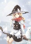  1girl absurdres apron arm_at_side black_dress black_hat blonde_hair bow breath broom broom_riding brown_gloves brown_legwear buttons dress gloves hand_on_shoulder hat hat_bow highres ice ice_wings kekkai kirisame_marisa kneehighs looking_at_viewer motion_blur red_scarf scarf sitting snowflakes snowing snowman solo striped striped_legwear tareme touhou waist_apron white_bow wings witch_hat yellow_eyes 