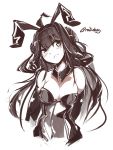  1girl ahoge arms_behind_back artist_name blush breasts bridal_gauntlets brown_hair bunnysuit cleavage collar commentary_request deel_(rkeg) double_bun frown green_eyes highres kantai_collection kongou_(kantai_collection) long_hair monochrome twitter_username 