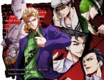  black_eyes black_hair blonde_hair bowler_hat clenched_hand copyright_name crossed_arms formal green_hair hat jojo_no_kimyou_na_bouken jojolion kawajiri_kousaku killer_queen kira_yoshikage kira_yoshikage_(jojolion) necktie open_mouth sailor_hat shirt shirt_pull smile stand_(jojo) striped striped_shirt suit tsukkage 