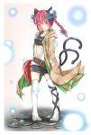  1girl animal_ears bow braid breasts cat_ears cat_tail duel_monster fang hair_bow highres hiita hiita_(cosplay) jacket kaenbyou_rin looking_at_viewer midriff multiple_tails navel nekomata red_eyes redhead solo tail touhou twin_braids yuu-gi-ou 