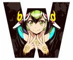  1girl android bare_shoulders blush dimension_w double_v green_eyes green_hair headgear hood hoodie looking_at_viewer multicolored_hair short_hair smile solo streaked_hair tom_(drpow) two-tone_hair v yurizaki_mira 