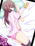  1girl :o asn_s ass bed bed_sheet black_legwear blush breasts brown_hair cellphone checkered checkered_skirt from_above from_side groin himekaidou_hatate legs_together long_hair no_bra on_bed open_clothes open_mouth open_shirt over-kneehighs panties phone pillow pink_panties pink_shirt pink_skirt pointy_ears profile puffy_short_sleeves puffy_sleeves shiny shiny_skin shirt short_sleeves sideboob skirt sleeping small_breasts solo thigh-highs thighs touhou underwear 