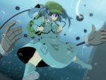  1girl backpack bag blue_eyes blue_hair bow bubble emanon gears hair_bow hat kawashiro_nitori mechanical_arm solo touhou twintails underwater 