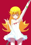  1girl bakemonogatari blonde_hair dress fangs long_hair monogatari_(series) oshino_shinobu pole standing untied_straps yellow_eyes yuuki_(irodo_rhythm) 