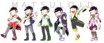  6+boys :&gt; ;3 amanasisiona black_hair blue_eyes boots brothers detached_sleeves green_eyes headset heart heart_in_mouth highres hood hooded_jacket jacket jitome kneehighs looking_at_viewer matsuno_choromatsu matsuno_ichimatsu matsuno_juushimatsu matsuno_karamatsu matsuno_osomatsu matsuno_todomatsu messy_hair multiple_boys open_mouth osomatsu-kun osomatsu-san parody pink_eyes red_eyes sextuplets shirt siblings sleeveless smile tied_shirt title_parody violet_eyes vocaloid white_background yellow_eyes 