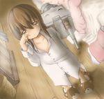  1girl bedwetting blush brown_eyes brown_hair commentary_request frown futon holding holding_panties inazuma_(kantai_collection) kantai_collection long_hair looking_at_viewer oversized_clothes panties rensouhou-chan shirt slippers tears tsurupeta_(pikapika45) underwear wiping_tears wooden_floor 