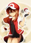  ;o baseball_cap beige_background black_dress black_gloves blue_(pokemon) blue_eyes blush brown_hair collarbone cowboy_shot dress fingerless_gloves gloves hat jacket long_hair looking_at_viewer no_pants one_eye_closed open_clothes open_jacket parted_lips poke_ball pokemon red_(pokemon) red_(pokemon)_(cosplay) red_hat red_jacket side_slit simple_background standing tareme thighs throwing vivivoovoo 