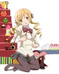  1girl blonde_hair charlotte_(madoka_magica) cup drill_hair highres hina_ningyou kinfuji mahou_shoujo_madoka_magica pantyhose school_uniform stairs tea_set teacup tomoe_mami twin_drills yellow_eyes 