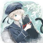  1girl animal blue_eyes cat clothes_writing dress hat holding_animal kantai_collection one_eye_closed sailor_dress sailor_hat short_hair silver_hair smile toka_(marchlizard) unsinkable_sam z1_leberecht_maass_(kantai_collection) 