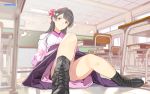  1girl black_hair boots bow brown_eyes classroom cross-laced_footwear hair_bow highres japanese_clothes kimono lace-up_boots long_hair mibu_natsuki solo 
