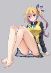  1girl bare_legs barefoot blonde_hair breasts highres kawakami_mai long_hair miokikoeru mole mole_under_eye musaigen_no_phantom_world panties pantyshot side_ponytail solo underwear violet_eyes 