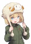  1girl blonde_hair blue_eyes blush fur_hat girls_und_panzer hat jacket katyusha looking_at_viewer open_mouth roll_okashi school_uniform sheep_hat short_hair smile solo turtleneck upper_body ushanka 