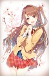  1girl brown_eyes brown_hair cherry_blossoms long_hair one_side_up open_mouth school_uniform shimamura_uzuki smile solo weee_(raemz) 