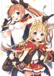  2girls bangs black_gloves black_legwear blonde_hair blush breasts brown_hair cagliostro_(granblue_fantasy) cape clarisse_(granblue_fantasy) crown gloves granblue_fantasy green_eyes hair_ribbon hairband long_hair looking_at_viewer multiple_girls one_eye_closed open_mouth ponytail red_skirt ribbon shima_(shima_je) simple_background skirt smile thigh-highs violet_eyes white_background 