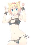  1girl :o alice_margatroid animal_ears armpits arms_up bandeau black_bra black_panties blonde_hair blush bra cat_cutout cat_day cat_ears cat_lingerie collarbone contrapposto cowboy_shot eyebrows eyebrows_visible_through_hair fang frilled_bra frills hair_between_eyes hair_intakes hips navel nirap open_mouth panties paw_pose paws plaid pom_pom_(clothes) side-tie_panties solo standing stomach_bulge sweatband tooth touhou underwear 