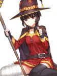  1girl cape fingerless_gloves gloves hat kfr kono_subarashii_sekai_ni_shukufuku_wo! looking_at_viewer megumin red_eyes short_hair solo staff thigh-highs thumbs_up witch_hat 