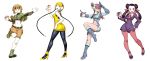  4girls :d arm ascot ass bare_arms bare_shoulders belt black_hair blonde_hair blue_eyes boots breasts brown_eyes buckle cable choker commentary_request covered_navel double_bun dress forehead full_body fuuro_(pokemon) genzoman gloves gym_leader hand_on_hip headphones high_heels highres holding holding_poke_ball kamitsure_(pokemon) leg_up long_hair looking_at_viewer looking_back midriff multiple_girls natane_(pokemon) navel one_eye_closed open_mouth orange_eyes orange_hair outstretched_arm outstretched_hand pantyhose pink_legwear poke_ball pokemon pokemon_(game) pokemon_bw pokemon_rse purple_dress redhead round_teeth running short_hair shorts simple_background sketch smile standing teeth tsutsuji_(pokemon) twintails very_long_hair white_background 